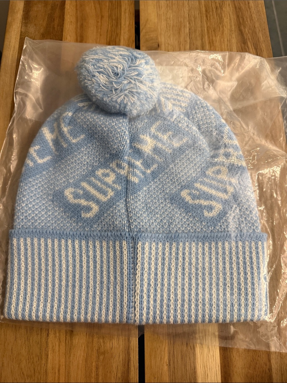 Supreme Banner Beanie Light Blue and White Pom Knit Beanie One Size Fits All
